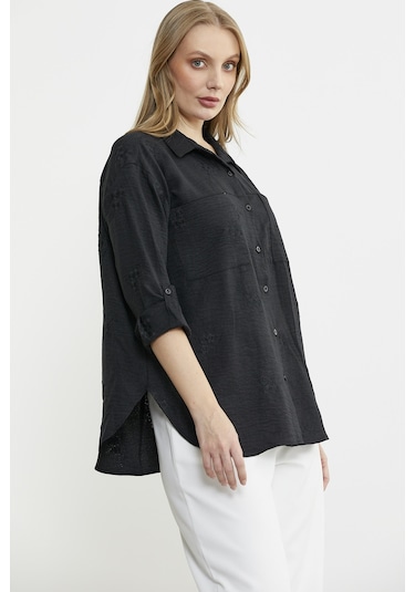 Çiçek Nakış Detaylı Cepli Gömlek - Siyah Siyah