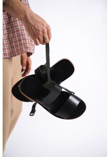 Sur Sandalet El Yapımı Kösele Erkek Deri Bodrum Sandalet Siyah