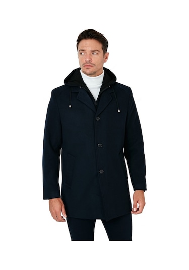 Buratti Çıkarılabilir Kapüşonlu Kırçıllı Slim Fit Kaşe Erkek Kaban 5841013 Lacivert