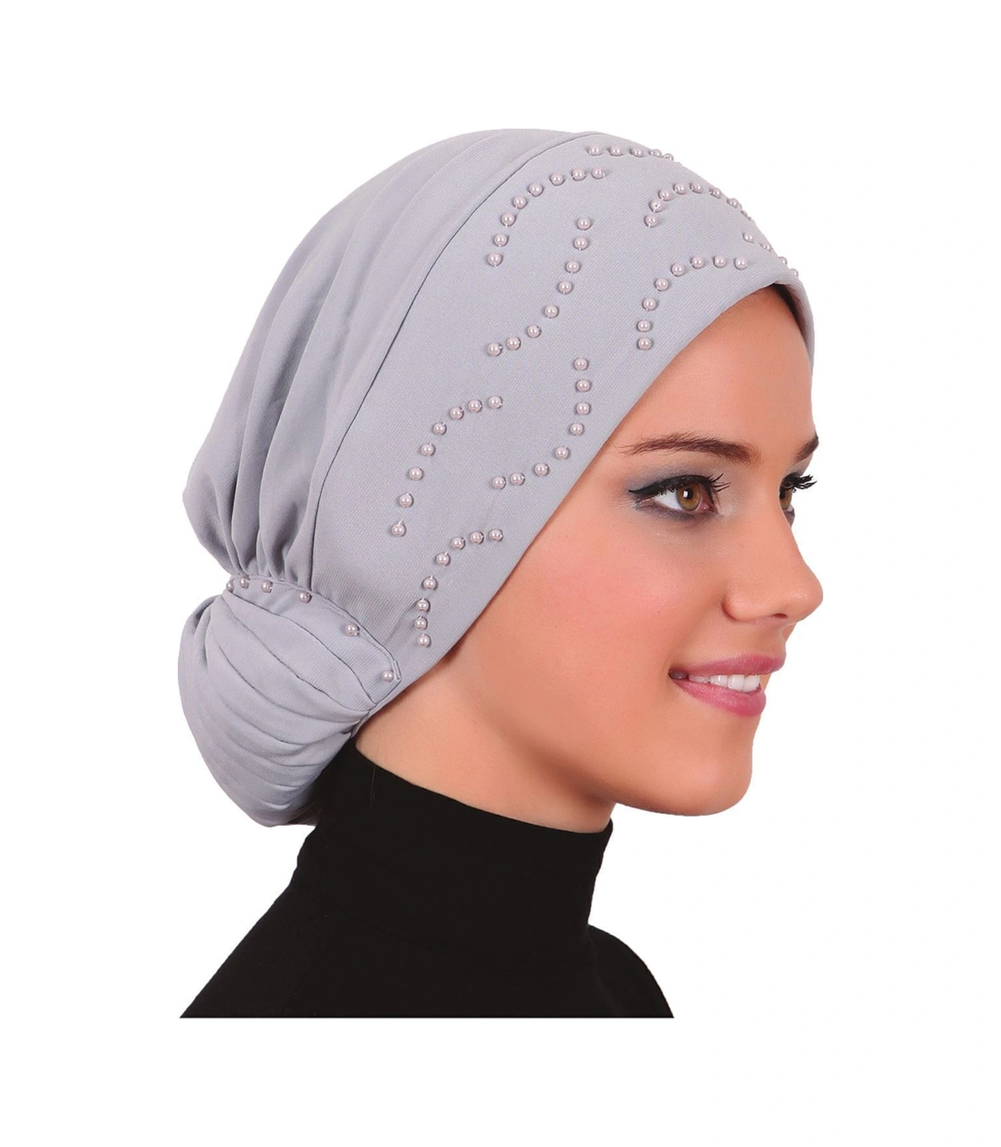 Topuzlu Açık Gri Hazır Türban Tesettür Bone Açık Gri