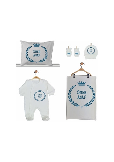 Pia Baby Gl 2008 İsme Özel Taçlı Beşli Tulum Set Mavi