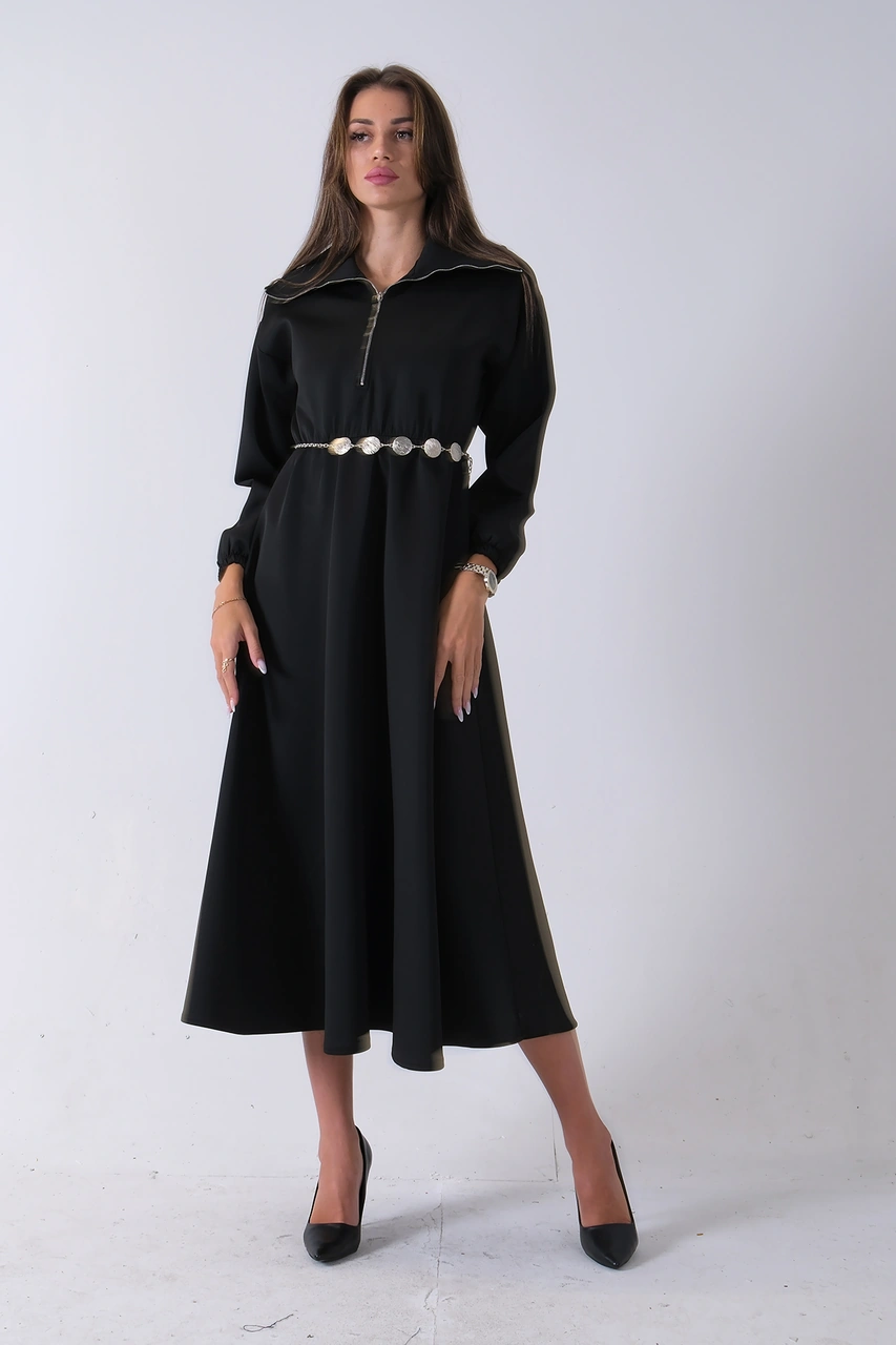 Feminist Siyah Yaka Fermuar Detaylı Bel Ve Bileği Lastikli Kemerli Scuba Elbise 4593455.01 Siyah