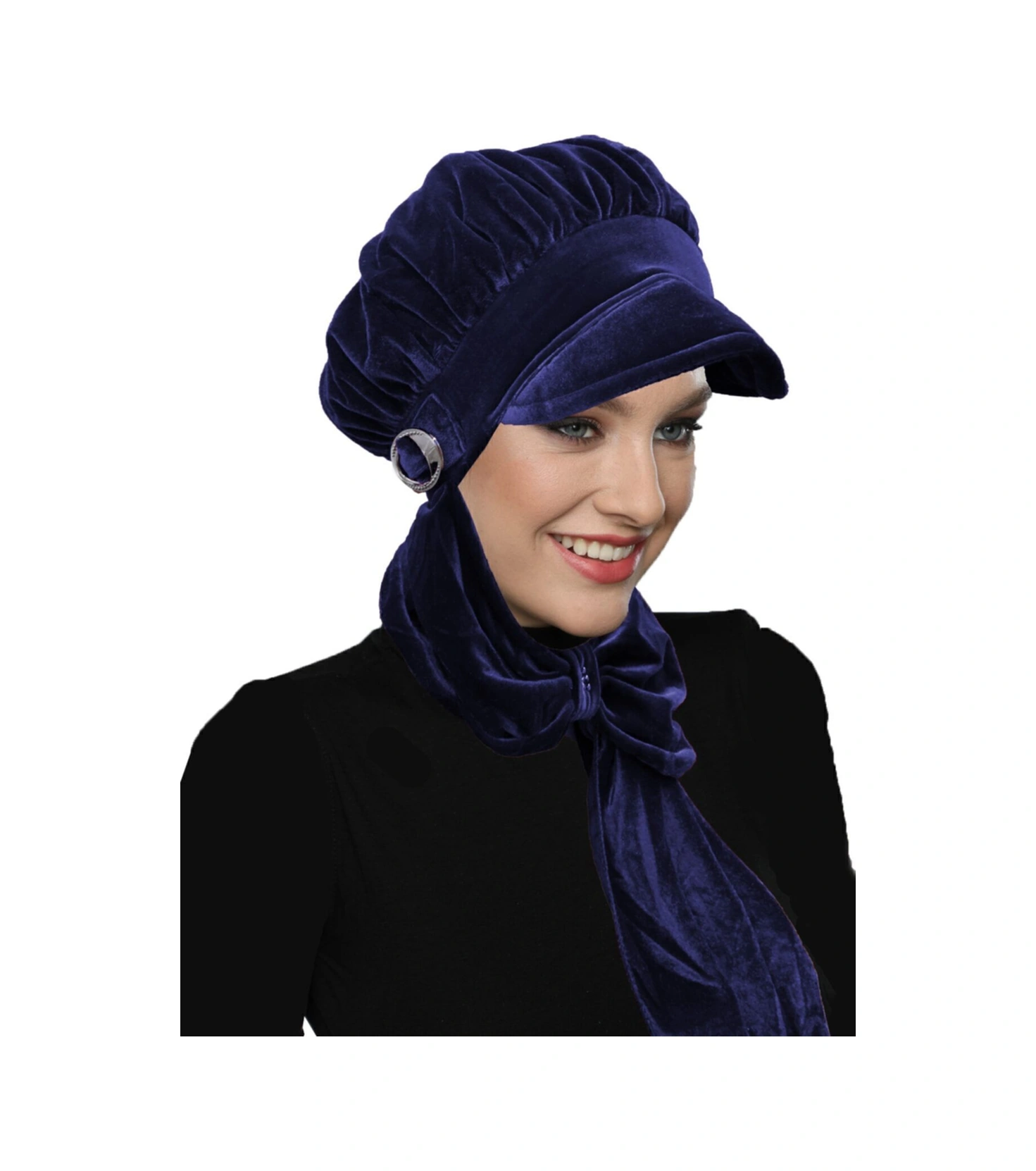 Kadife Şapka Atkılı Toka Detaylı Lacivert Hazır Türban Tesettür Bone Lacivert