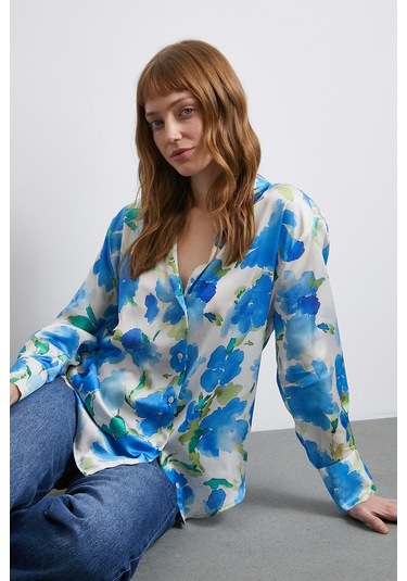 Çok Renkli Çiçek Desenli Gömlek Lacivert Lacivert