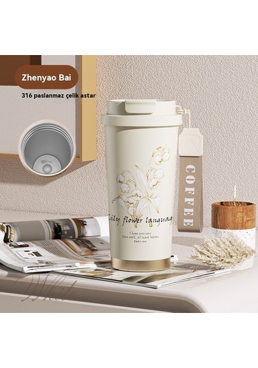 Suzuka Orkide Paslanmaz Çelik Kahve Fincanı 316 Yük Çift İçme Termos Bardak Yüksek Değerli Su Bardağı Zambak Orkide Kahve Fincanı-inci Beyaz 316