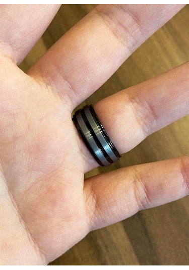 Erkek Gümüş İkili Çizgi Model Siyah Renk Tungsten Yüzük Siyah - Gümüş