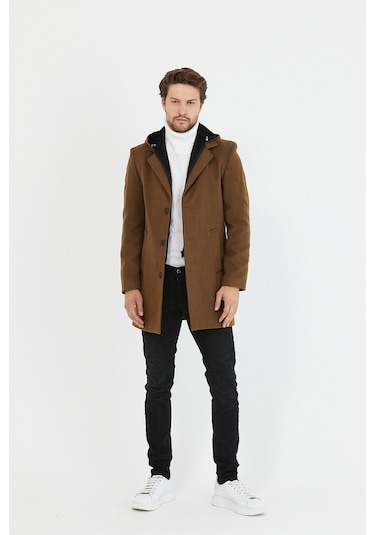 Erkek Taba Yün Karışımlı Kaşe Kapüşonlu Önü Fermuarlı Kaban-Taba