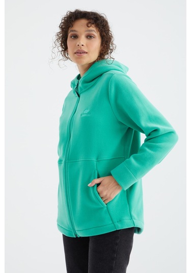 Tommy Life Deniz Yeşili Kapüşonlu Fermuarlı Rahat Form Kadın Polar Sweatshirt - 97233 Yeşil