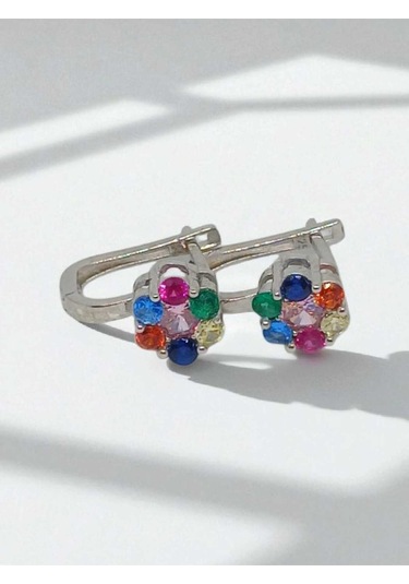 925 Ayar Gümüş Rengârenk Taşlı Çiçek Model Küpe Canlı Ve Neşeli Tasarım Gümüş