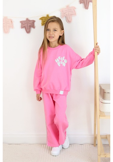 Kız Çocuk Hello Fun Baskılı İspanyol Paça İki İplik Eşofman Takımı Koyu Pembe