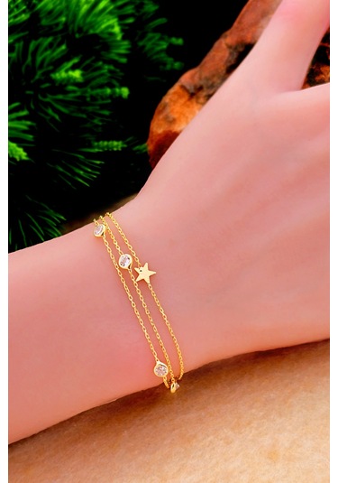 Silvera Telkari Yıldız Gümüş Bileklik Altın Rengi Taşlı Üç Zincirli Kadın Gümüş Bileklik 925 Ayar St374 Altın Kaplama