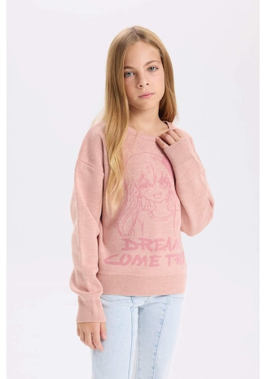 DeFacto Kız Çocuk Bisiklet Yaka Desenli Triko Kazak D3189A824WNPN186 Pembe