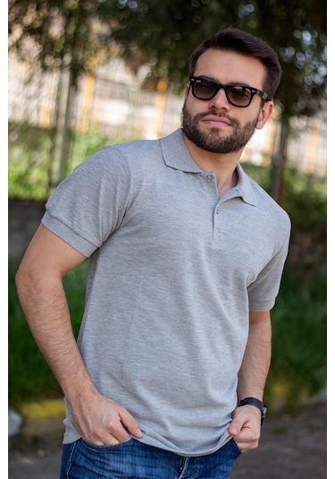 Erkek Gri Melanj Rahat %100 Pamuk Ribana Kol Polo Yaka T-shirt 24eplypope 001