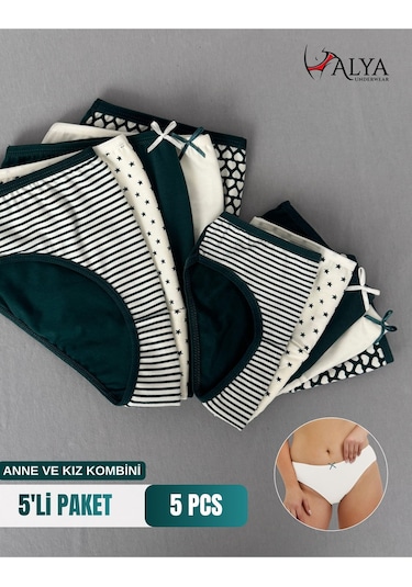 Alya Underwear Anne Kız Kombin Pamuklu Külot - Beyaz Slip İç Çamaşırı - 5'li Paket Yeşil P22