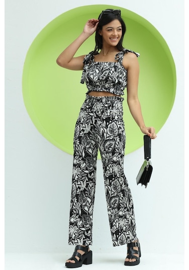 Polo State Kadın Crinkle Kumaş Croptop/pantolon Takım Siyah