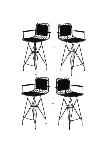 Knsz Kafes Tel Bar Sandalyesi 4 Lü Zengin Syhsyh Kolçaklı Sırt Minderli 75 Cm Oturma Yüksekliği Ofis Cafe Bahçe Mutfak