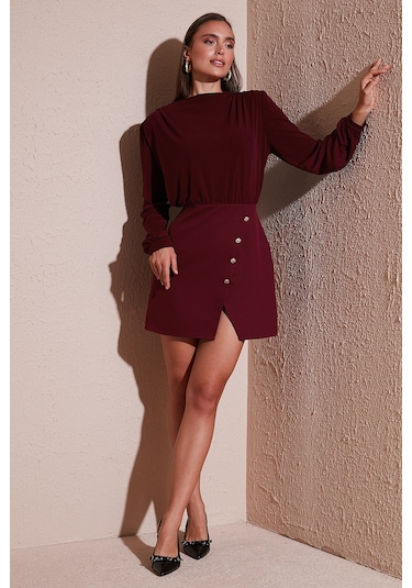Lela Vatkalı Regular Fit Yırtmaç Detaylı Dik Yaka Mini Boy Bayan Elbise 611El751 Bordo