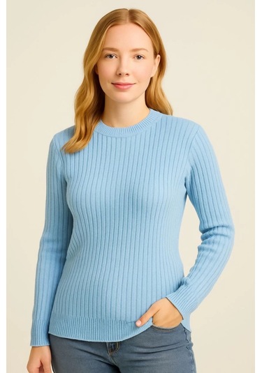 Bisiklet Yuvarlak Yaka Triko Kazak Pamuklu Kalın Fitilli Dokuma, Regular Fit Uzun Kollu Kışlık Model - Bebe Mavisi Bebe Mavisi