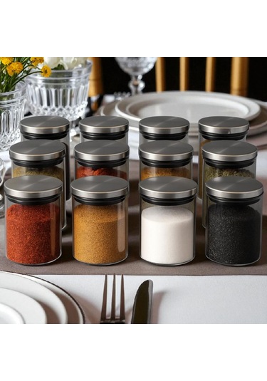300 Ml 70 Mm X 100 Mm 12 Lı Borosilikat Cam Baharatlık Seti-sızdırmaz Sılıkonlu Metal Kapak Beyaz