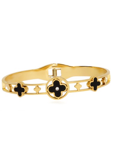 Kadın Siyah Yonca Model Çelik Bilezik Gold