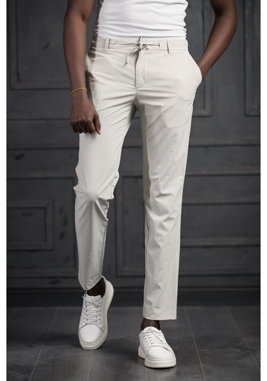 Beli Lastikli Ve İplikli Likralı Yazlık İnce Paraşüt Kumaş Jogger Pantolon Krem