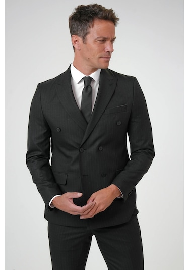 SÜVARİ Siyah Slim Fit Desenli Sivri Yaka 6 Drop Klasik Takım Elbise