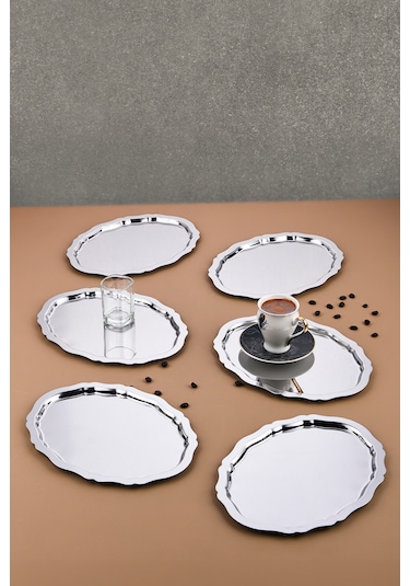 6 Adet Paslanmaz Çelik Oval Dalgalı Sade Kahve Ve Sunum Tepsisi 25x20 cm