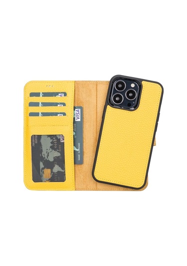 Apple İphone 13 Pro Uyumlu Deri Cüzdanlı Kılıf Fl12 Sarı