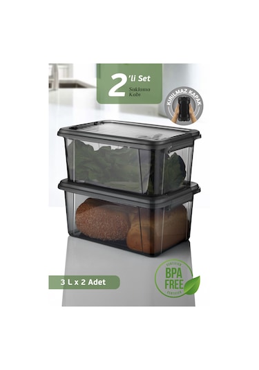2'li 3 Lt Kilit Kapaklı Erzak Saklama Kabı - Difriz Buzdolabı Düzenleyici Un Bakliyat Saklama Kutusu Siyah