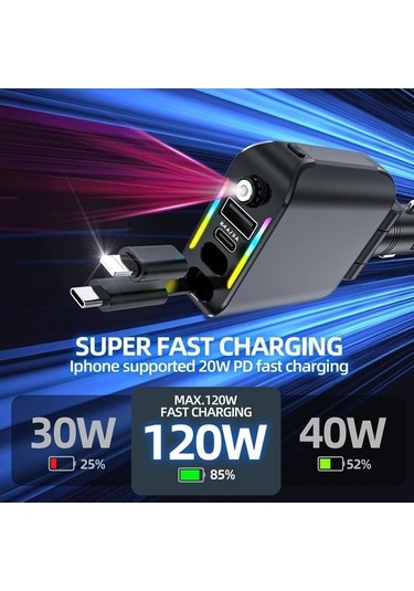 Fastbuy Dream011 Siyah Yıldızlı Atmosfer Işıklı Geri Çekilebilir Şarj Cihazı Type C Kablo, Ios Uyumlu Adaptör, Iphone Uyumlu