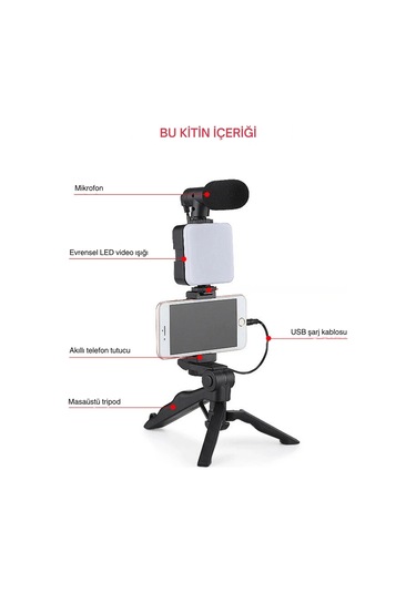 Shopytech 5 İ 1 Arada Mikrofonlu Led Işıklı Vlog Kiti Tabanca Tutuşlu Masaüstü Tripod & Selfie Stick 1 Adet