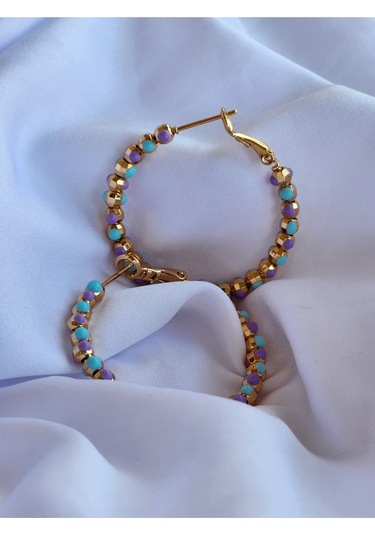 Eva Takı Dorika Mor Lila Turkuaz Halka Çelik Küpe Lila - Turkuaz