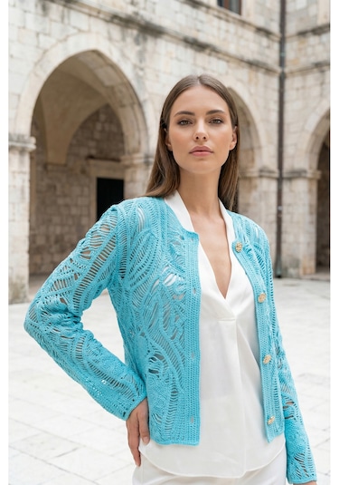 Sayzen Your Shine Dantel Desenli Gold Düğmeli Basic Ceket Shn-2602-tg Gök Mavi