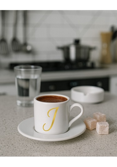 Türk Kahvesi Fincanı Harf, Espresso Fincanı Harf Beyaz - Altın5