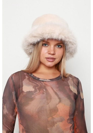 Kadın Peluş Bucket Kalpak Şapka 1143 Rkş-14 Bej Bej
