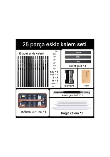 Kara Kalem Çizim Seti, Eskiz Kalem Seti, Dereceli Kalem Set, Kömür Kalem, Kalemlikli-25 Parça