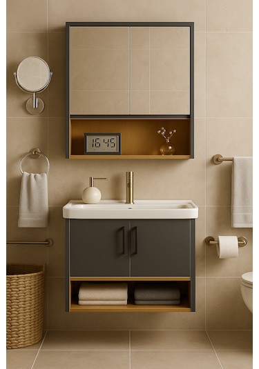 Legna 80 Cm Antrasit&ahşap Banyo Dolabı Takımı Alt Ve Üst Dolap