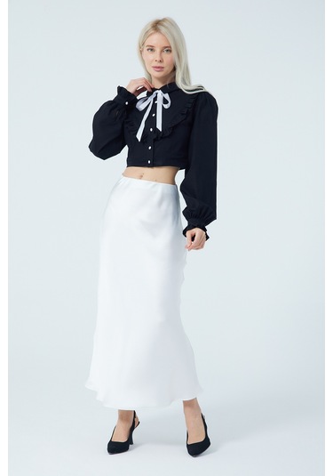 Fiyonk Fırfır Detaylı Poplin Gömlek Siyah