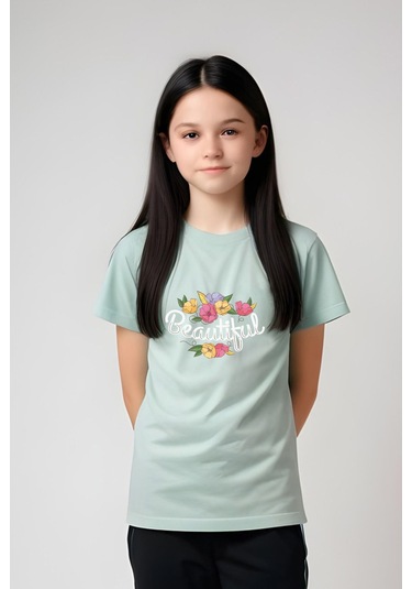 Beautiful Baskılı Kız Çocuk Tişört Ve Eşofman Alt-üst Takım Mint Yeşili