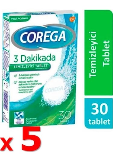 Corega 3 Dakikada Protez Temizleyici Tablet 30'lu x 5 Paket