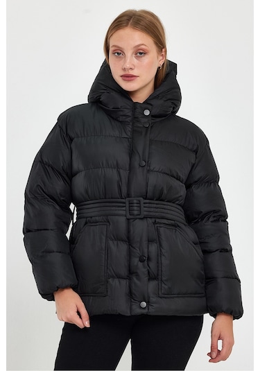 Alisse-kadın Siyah Kapüşonlu Kemerli Şişme Mont Kaban Siyah