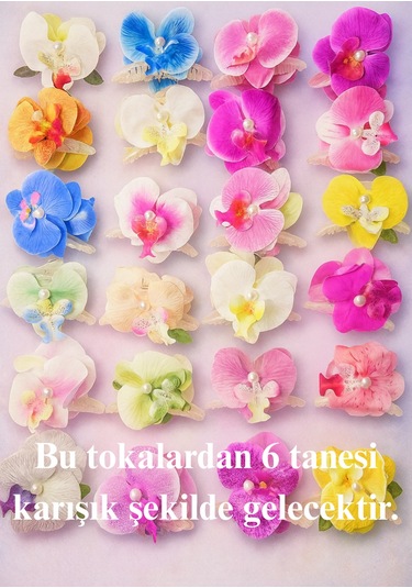 Orkide Saç Tokası Buketi - 6 Adet İncili Çift Taraflı Büyük Boy Mandal Toka - Karışık Renk Gelecektir - Hediyelik Çok Renkli