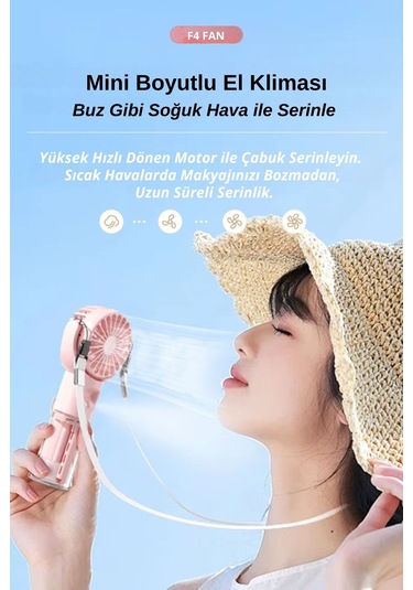 Wearfitpro F4 Şarj Edilebilir Mini El Spreyli Fan Rüzgar Enerjisi Etkili Masaüstü Su Buharlı Vantilatör Pembe