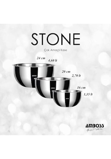 Amboss Stone 3 Lü Paslanmaz Çelik Karıştırma Kasesi Çok Amaçlı
