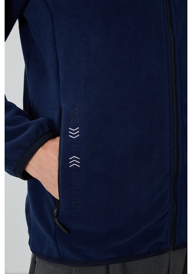 Tommy Life İndigo Yazı Nakışlı Dik Yaka Fermuarlı Standart Kalıp Erkek Sweatshirt Polar - 87992 Indıgo