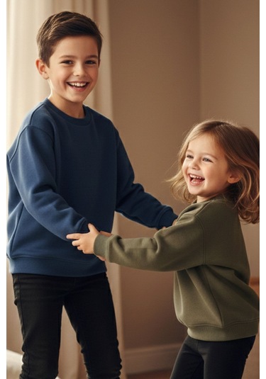 Zuzunga 2'li Basic Şardonlu Çocuk Sweatshirt Haki - Lacivert 9003