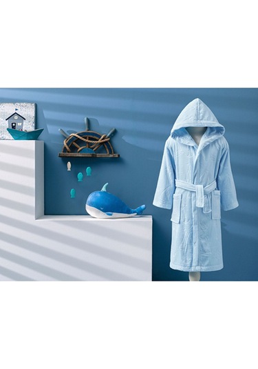 Boy Marine Kapüşonlu Kadife Çocuk Bornozu 15 Yaş Mavi