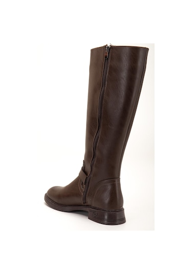 Kahverengi Kadın Çizme Düz Topuklu Bilek Kemerli-4285 Kahverengi