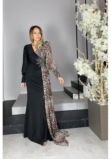 Ges Moda G1296 Leopar Detaylı Tasarım Abiye Elbise Siyah Siyah