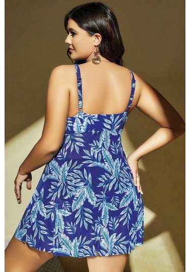 Büyük Beden Mavi Üstüne Yaprak Desenli Yırtmaçlı Gecelik Mavi